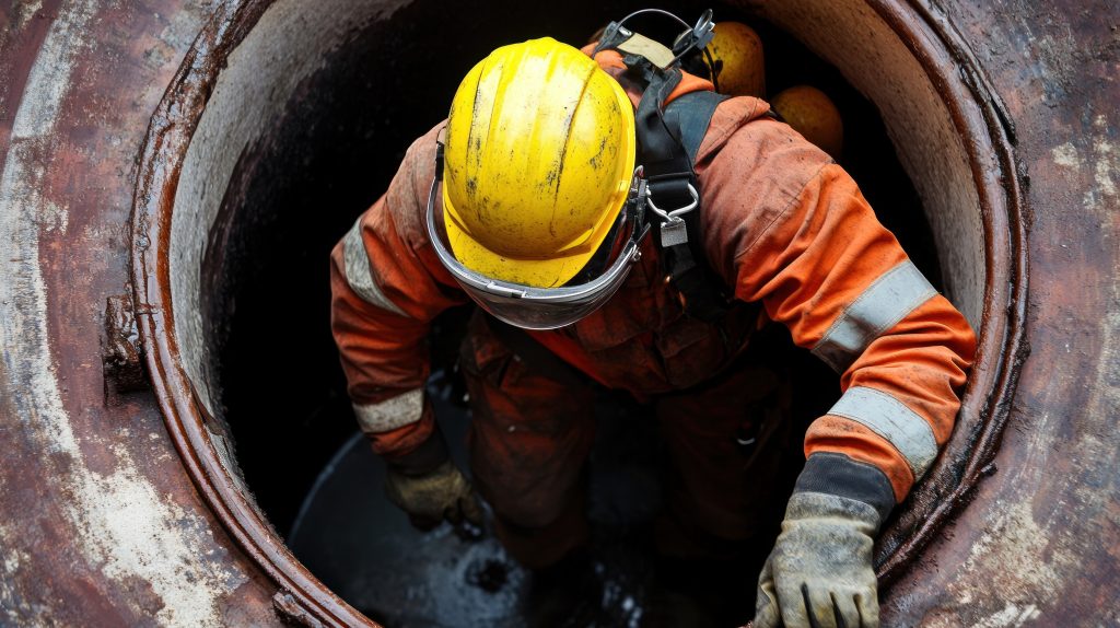 Worker in a hard hat and overalls climbing down into a confined space